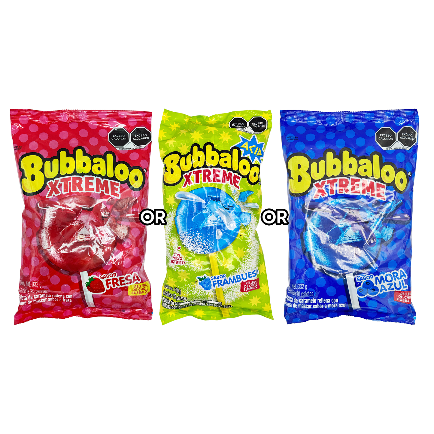 Bubbaloo Xtreme Lollipops – 20 Count Bag | Strawberry, Sour Raspberry, or Blueberry