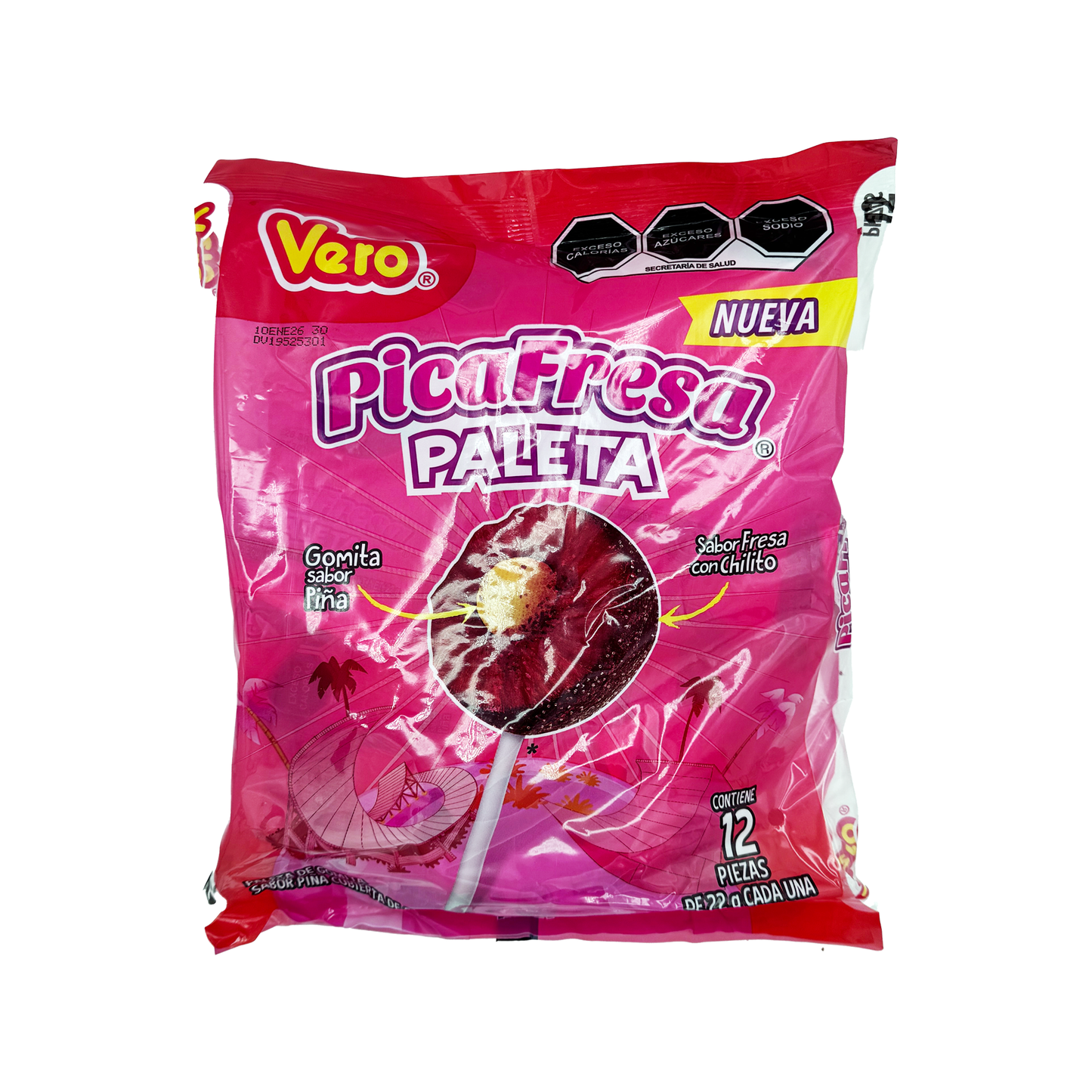 Vero Pica Fresa Paleta – 12-Count Bag | Strawberry Chili Lollipops with Pineapple Gummy Center