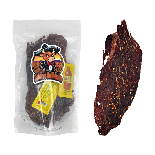 Sabores De Mexico carne seca in four flavors: Original, Lemon Pepper, Chile de Árbol, and Chile Tepín