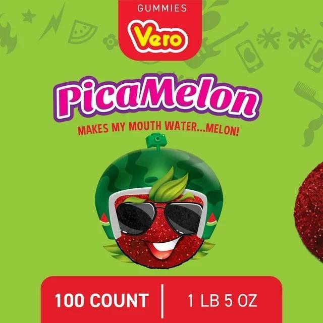 Vero PicaMelon by Dulces Vero  Chili Watermelon Flavor Gummy Mexican Candy, 100 Count Bag