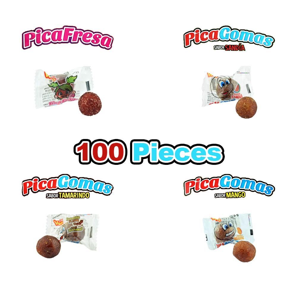 100 Pcs Vero Pica Fresa Pica Goma Mix - Includes PicaFresa, PicaGoma sabor Tamarindo, Sandia, and Mango Mexican Candy Dulces Mexicanos