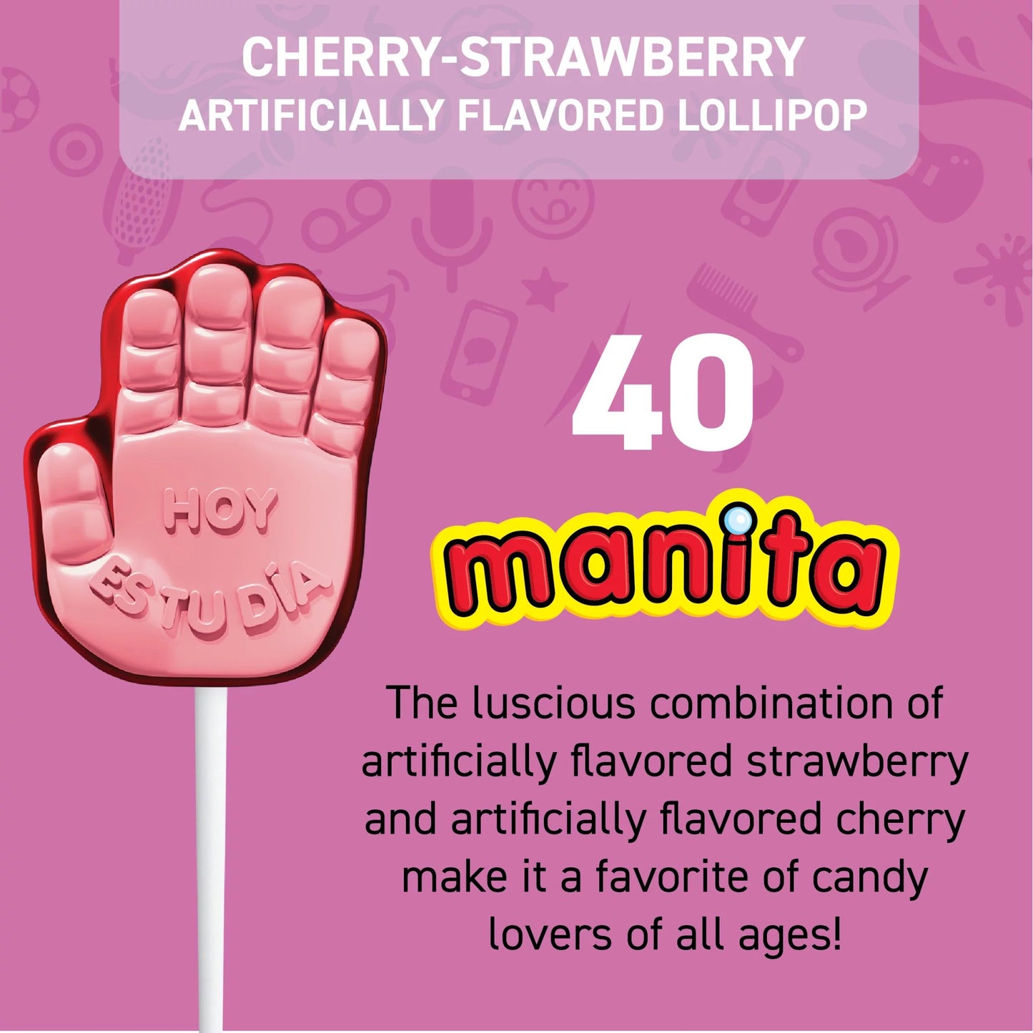 Vero Manita 40 ct Bag, Strawberry & Cherry Flavored Lollipop Mexican Candy Dulces Mexicanos Candies Sweet Snack