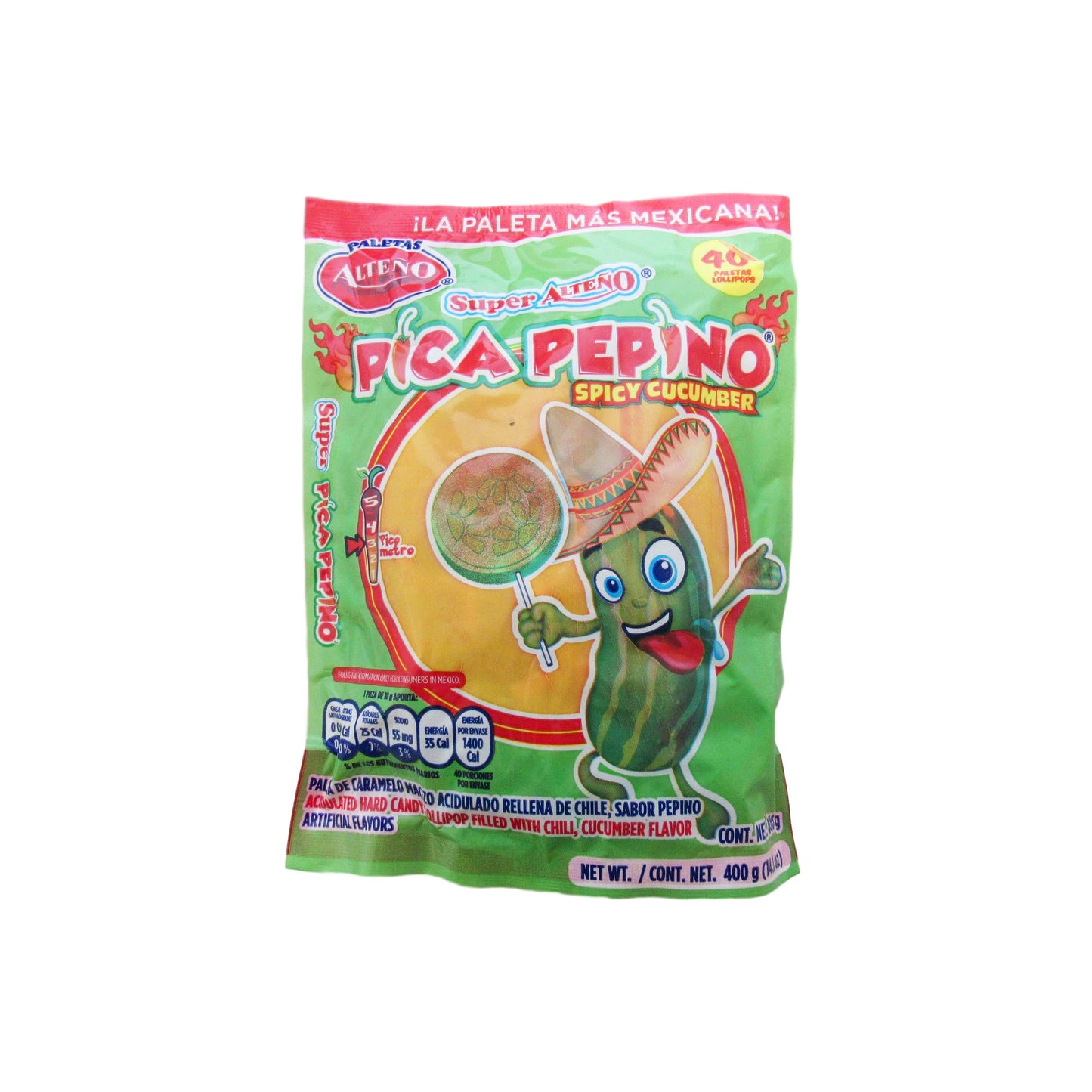 Alteno Pica Pepino (Cucumber with Chili Lollipop) 40 Pieces Mexican Candy Dulces Mexicanos Snack Sweet Sugar Spicy