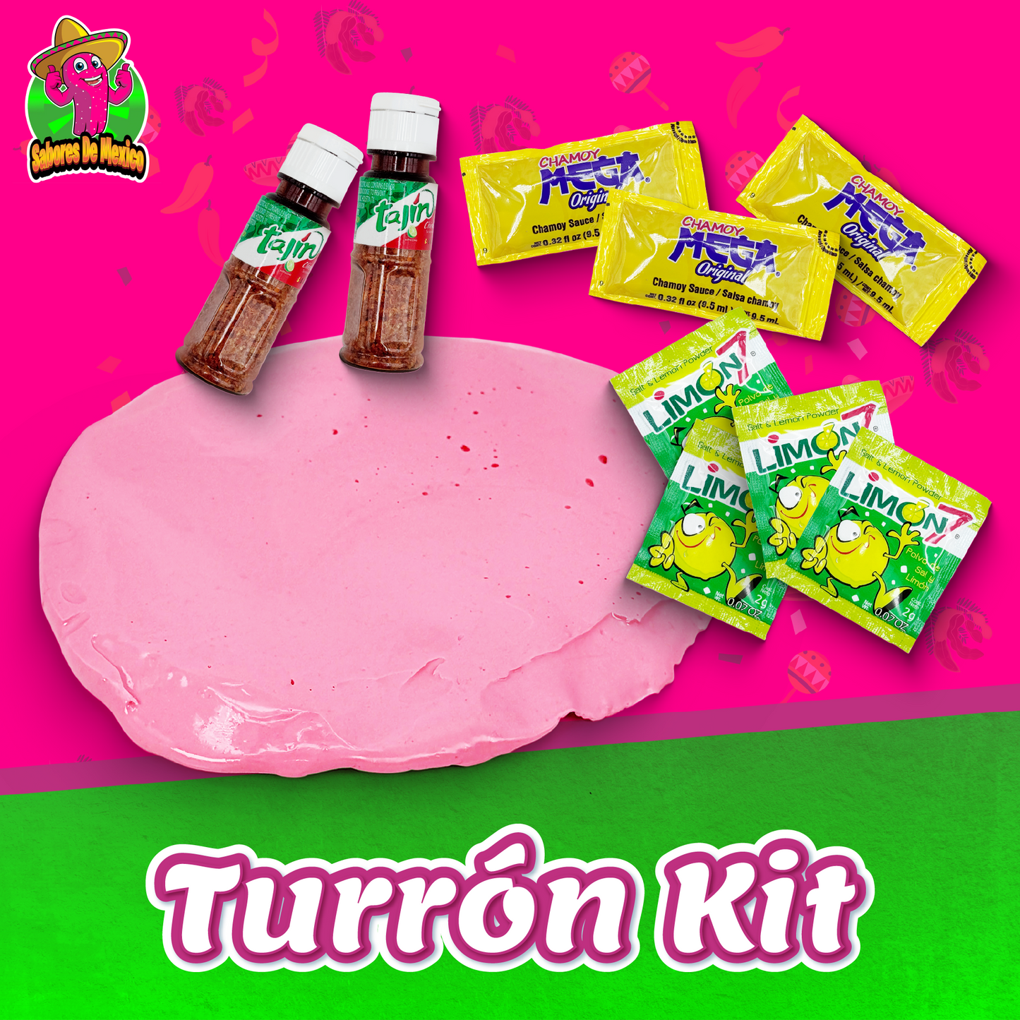 Turron Kit - Includes 4oz Turron, 2 Mini Tajin, 3 Chamoy Packets, and 4 Limon7, Mexican Candy, Dulces Mexicanos, Sweet, Spicy, Turrón Rosa, Nougat