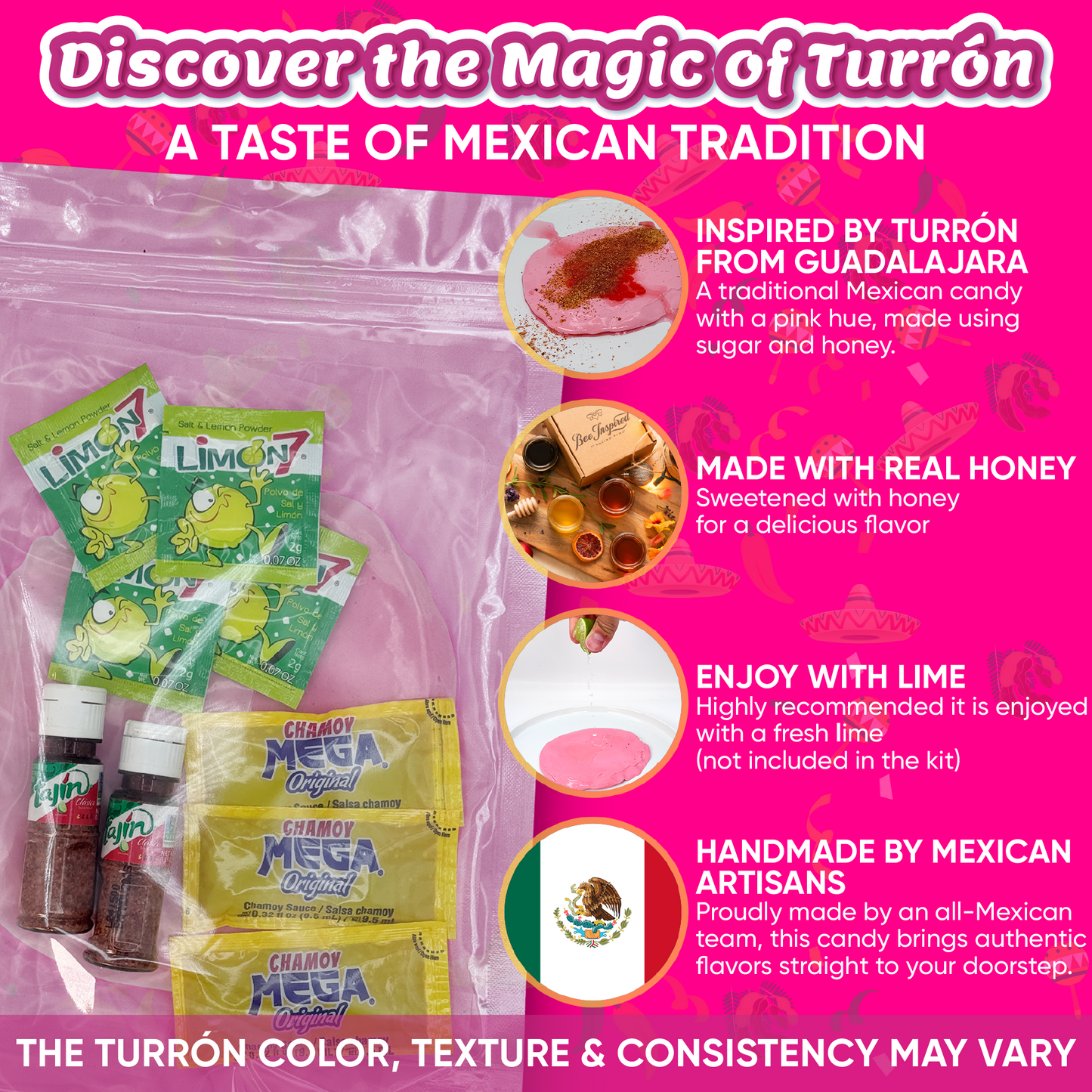 Turron Kit - Includes 4oz Turron, 2 Mini Tajin, 3 Chamoy Packets, and 4 Limon7, Mexican Candy, Dulces Mexicanos, Sweet, Spicy, Turrón Rosa, Nougat