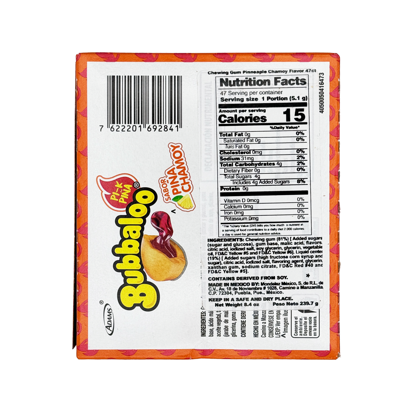 Bubbaloo Sabor Pina Chamoy Spicy Pineappple Flavored Gum 47 Pieces Mexican Candy Dulces Mexicanos Sweet Chewy Snack Bonbon