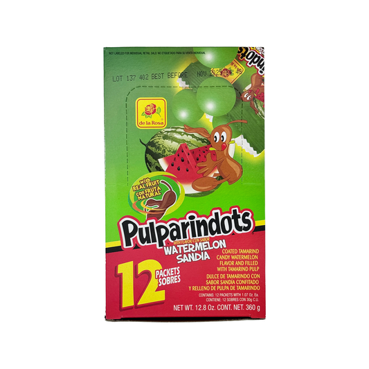 Pulparindots Watermelon Flavor Coated Tamarind Round Candy, 12 Packets, Candy Snack Candies Mexican Candy Dulces Mexicanos Spicy Tangy Sweet