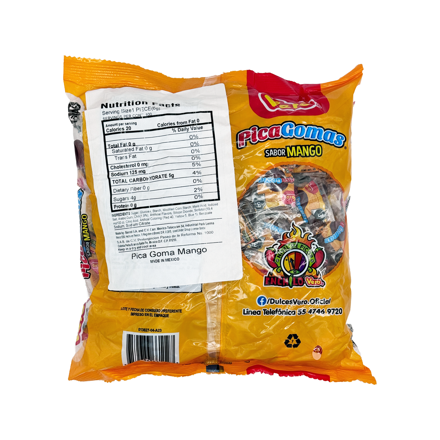 Vero Pica Goma Mango Flavor Gummy Mexican Candy, 100 Pieces, Dulces Mexicanos Spicy Sweet Snack