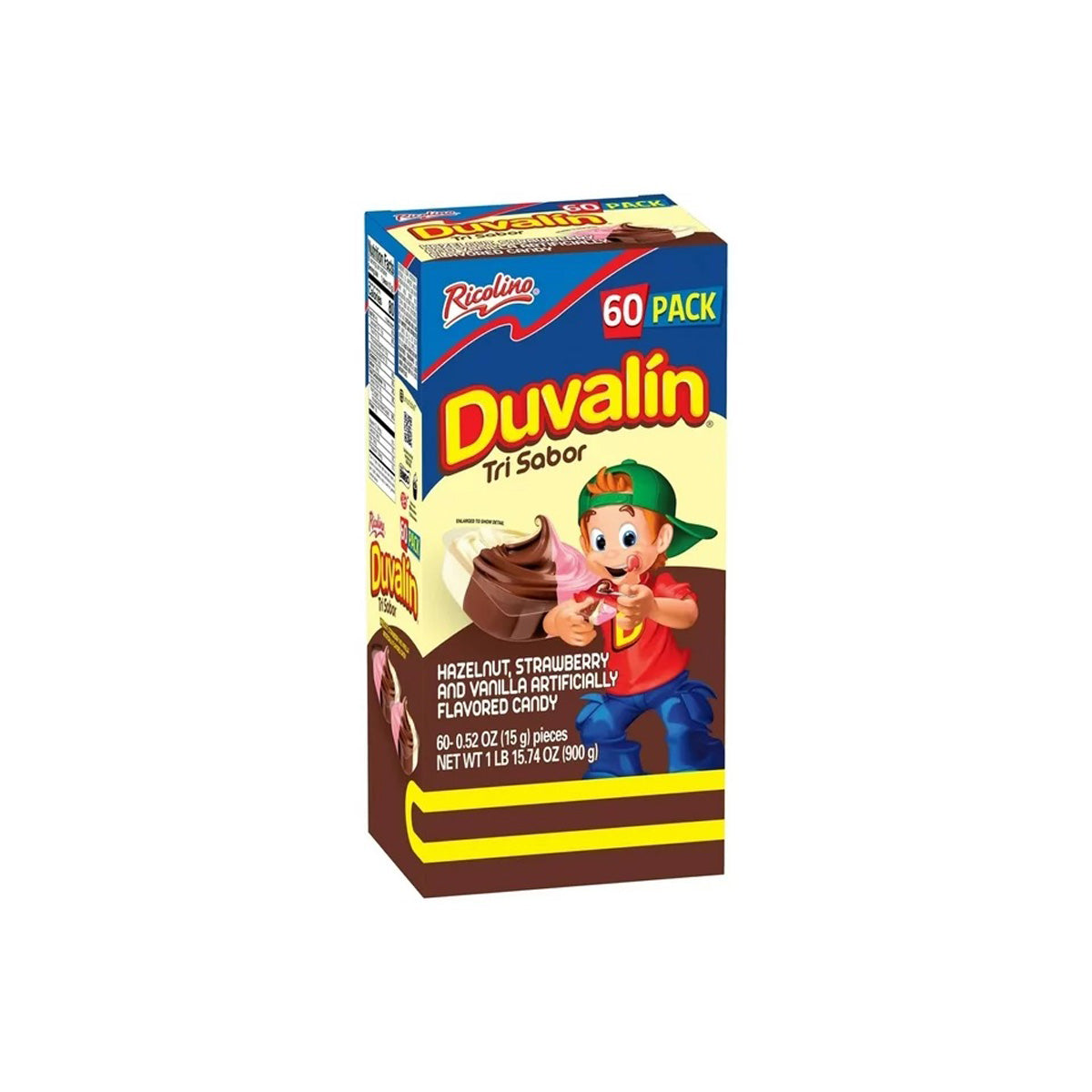 Duvalin 60 Pcs Ricolino Trisabor Hazelnut, Strawberry, and Vanilla Artificially Flavored Spread Spread Mexican Candy, 0.52 Ounce