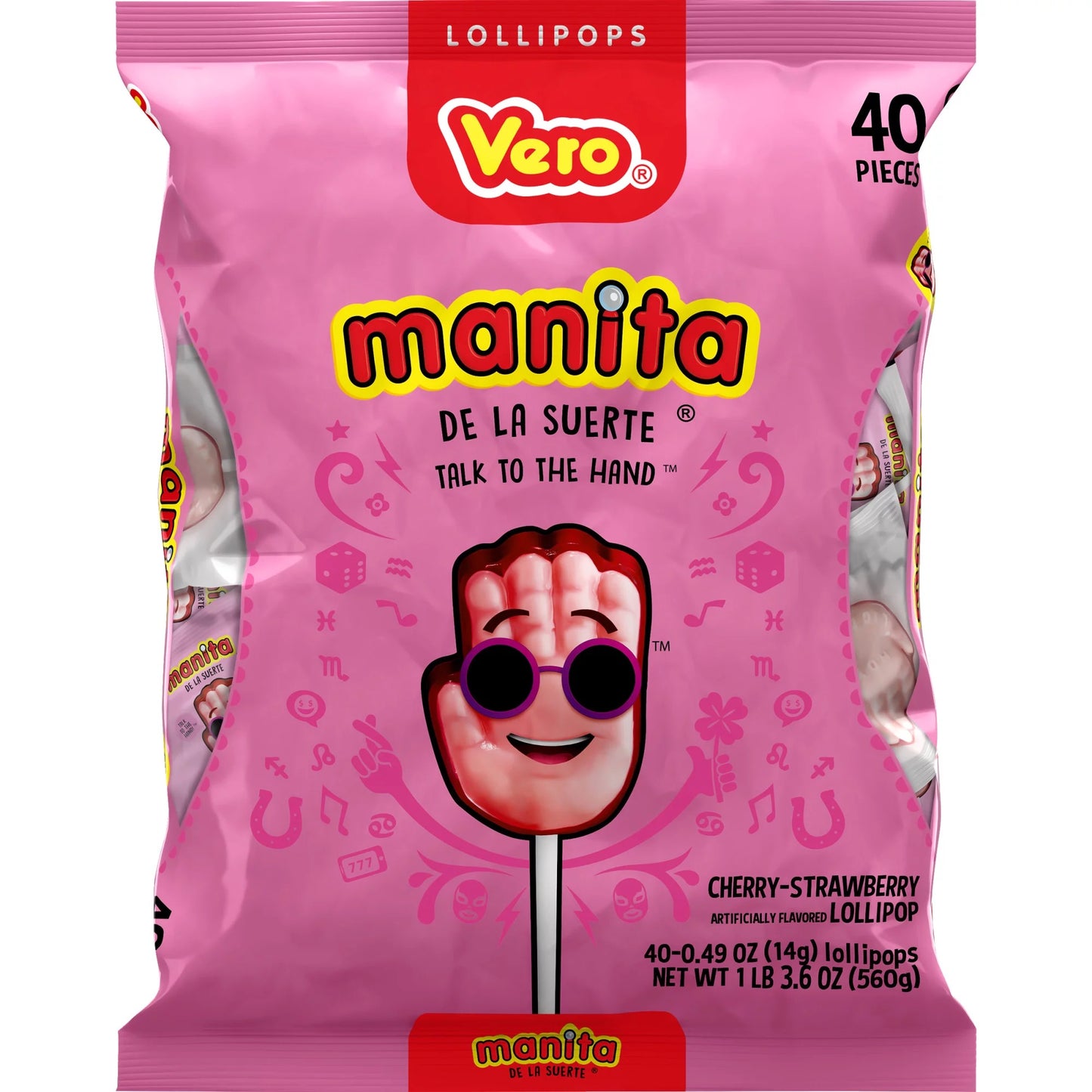 Vero Manita 40 ct Bag, Strawberry & Cherry Flavored Lollipop Mexican Candy Dulces Mexicanos Candies Sweet Snack