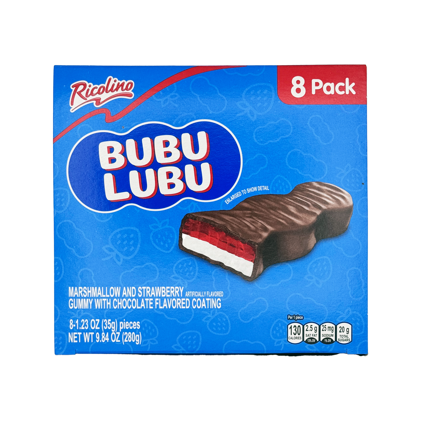 Ricolino Bubulubu 8 Pack - Chocolate Flavored Marshmallow Bar with Strawberry Jelly, Sweet, Mexican Candy, Dulces Mexicanos - Snack - Bonbon