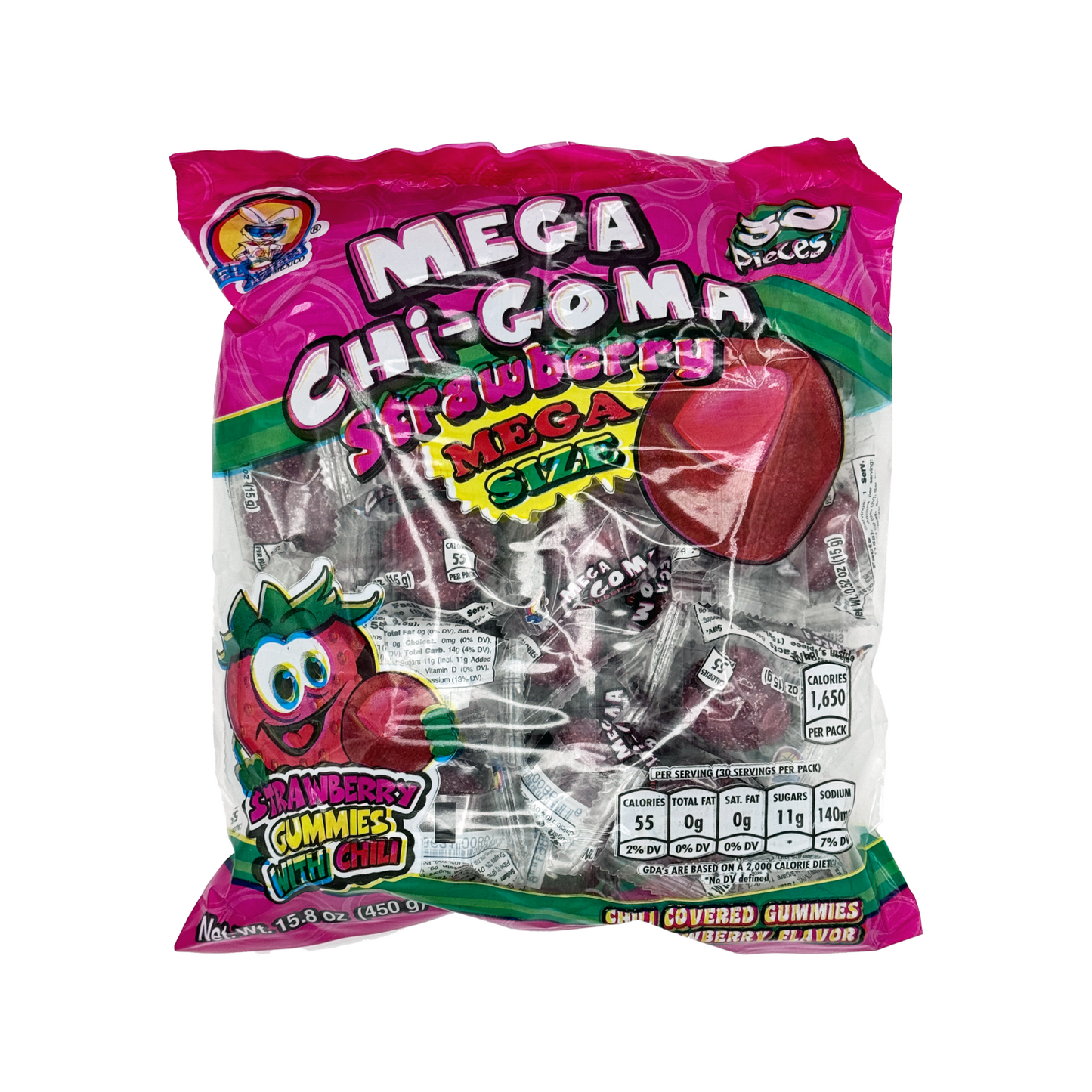 Mega ChiGoma Strawberry Chili Covered Gummie, 30 Pieces, Mexican Candy Dulces Mexicanos Spicy Sweet Snack