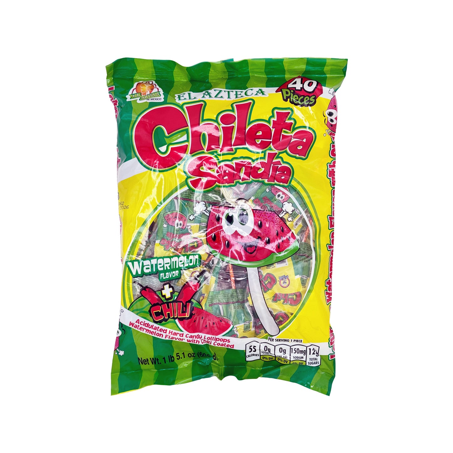 Chileta Sandia Lollipop Spicy Watermelon Acidulated with Chili, 40 Pieces, Mexican Candy Dulces Mexicanos Suckers Snack