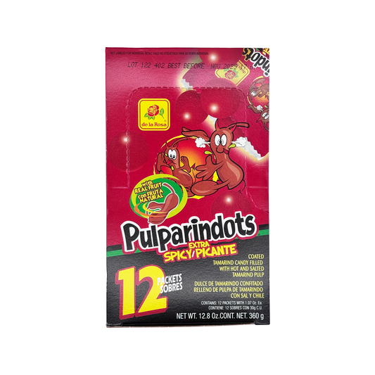 Pulparindots Extra Spicy Flavor Coated Tamarind Round Candy, 12 Packets, Candy Snack Candies Mexican Candy Dulces Mexicanos Tangy Sweet