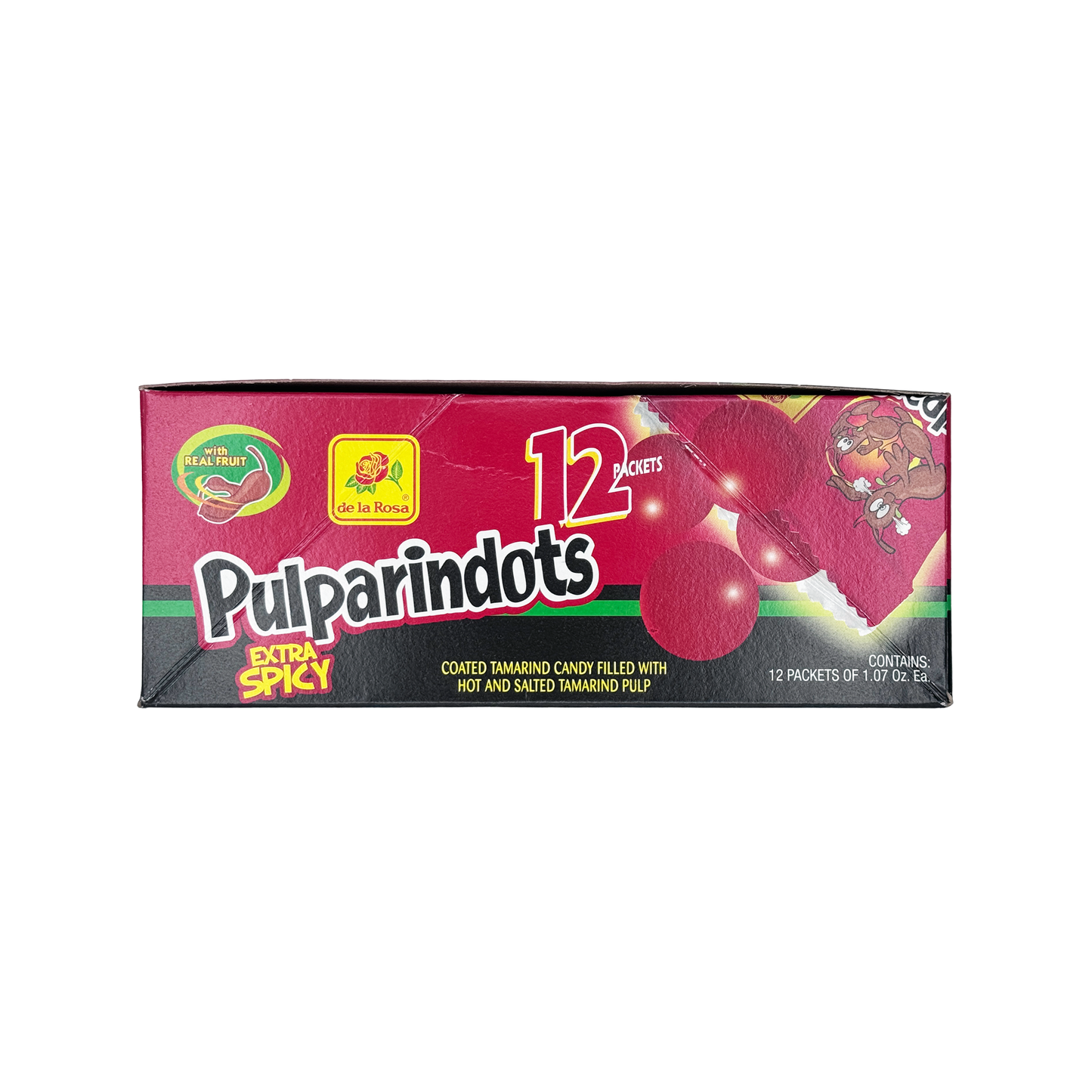 Pulparindots Extra Spicy Flavor Coated Tamarind Round Candy, 12 Packets, Candy Snack Candies Mexican Candy Dulces Mexicanos Tangy Sweet