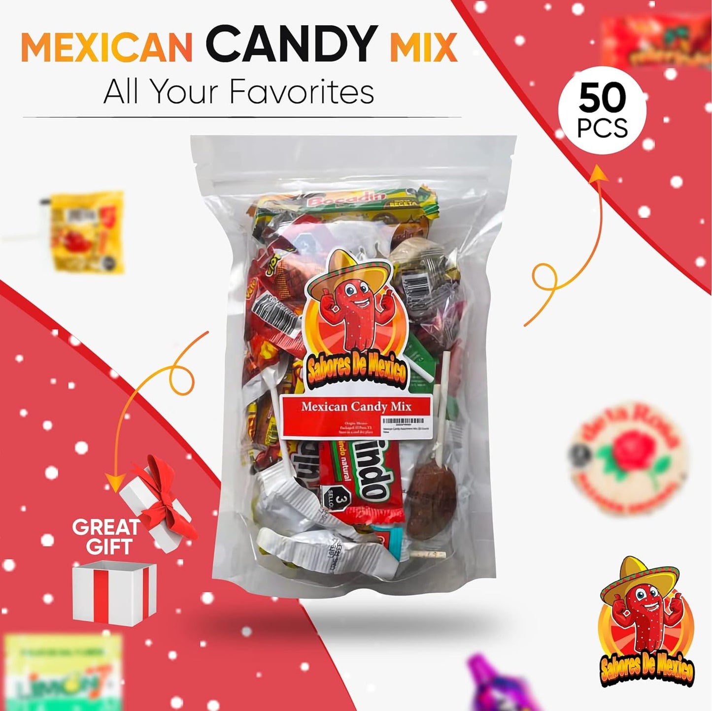 50 Pcs Mexican Candy Variety Pack Dulces Mexicanos, Mexican Candy, Mexican Snacks, with Lucas Candy, Pelon Pelo Rico, Pulparindo, Mazapan