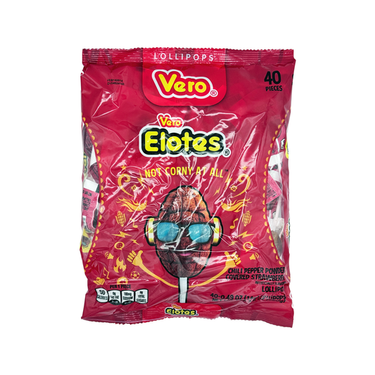 Vero Elotes by Dulces Vero Paletas Strawberry Candy Lollipops with Chili Pepper Powder, 40 Count Bag