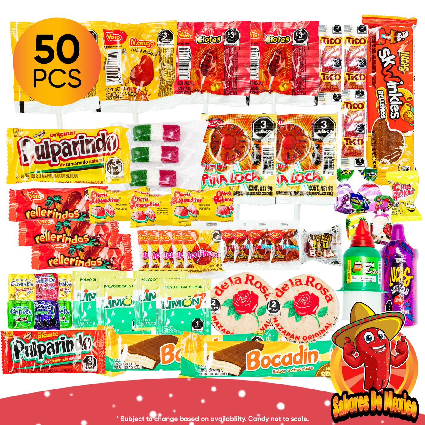 50 Pcs Mexican Candy Variety Pack Dulces Mexicanos, Mexican Candy, Mexican Snacks, with Lucas Candy, Pelon Pelo Rico, Pulparindo, Mazapan