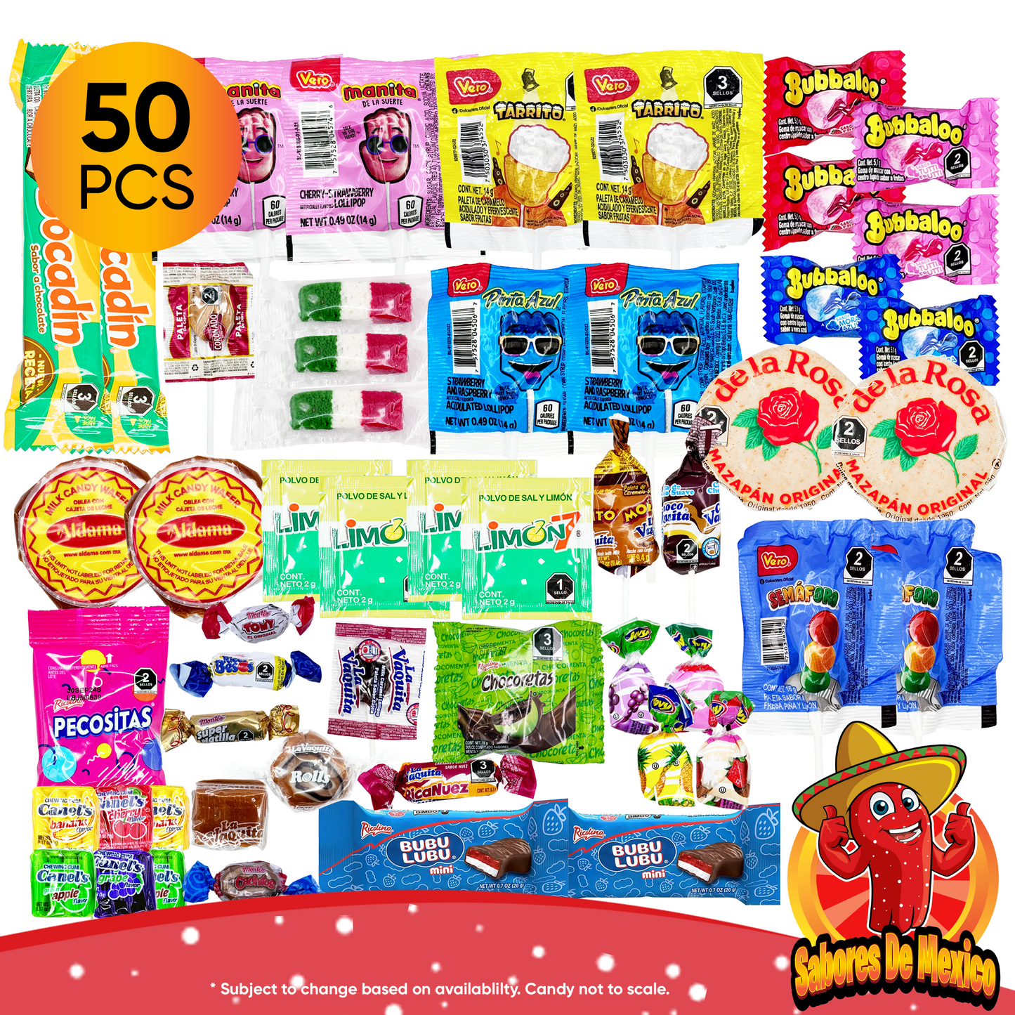 50 Pcs Mexican Candy Variety Pack Dulces Mexicanos, Mexican Candy, Mexican Snacks, with Lucas Candy, Pelon Pelo Rico, Pulparindo, Mazapan