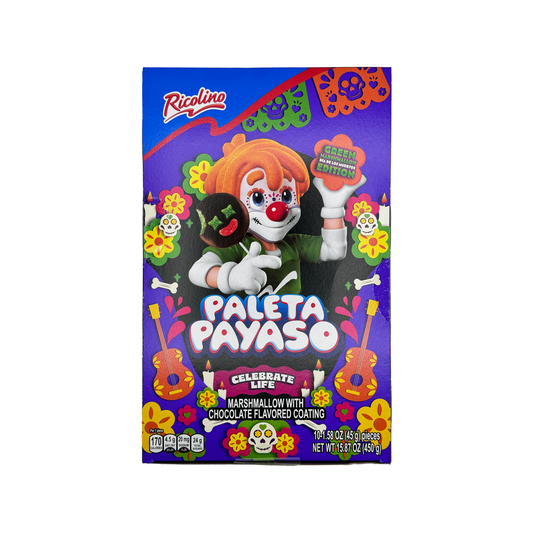 Ricolino Paleta Payasusto Halloween Marshmallow Lollipops with Chocolate, 10 Count Box Mexican Candy Dulces Mexicanos Dia De Los Muertos