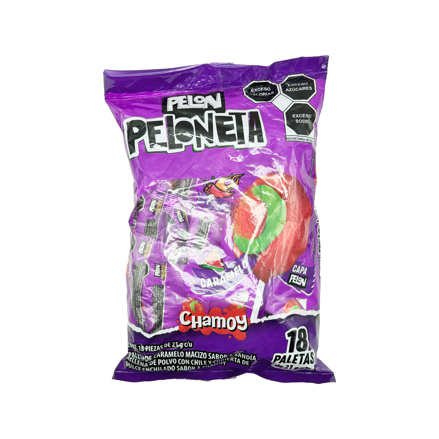 Pelon Peloneta – Tamarindo or Chamoy Lollipop with Chili Filling (18-Pack)