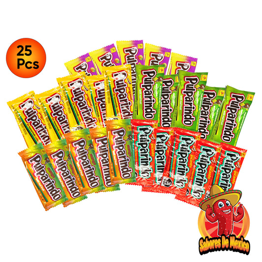 25 Pcs Pulparindo Mexican Candy Mix Pack - Includes Original Tamarindo, Mango, Watermelon, Chamoy and Extra Spicy Dulces Mexicanos, Sweet, Spicy