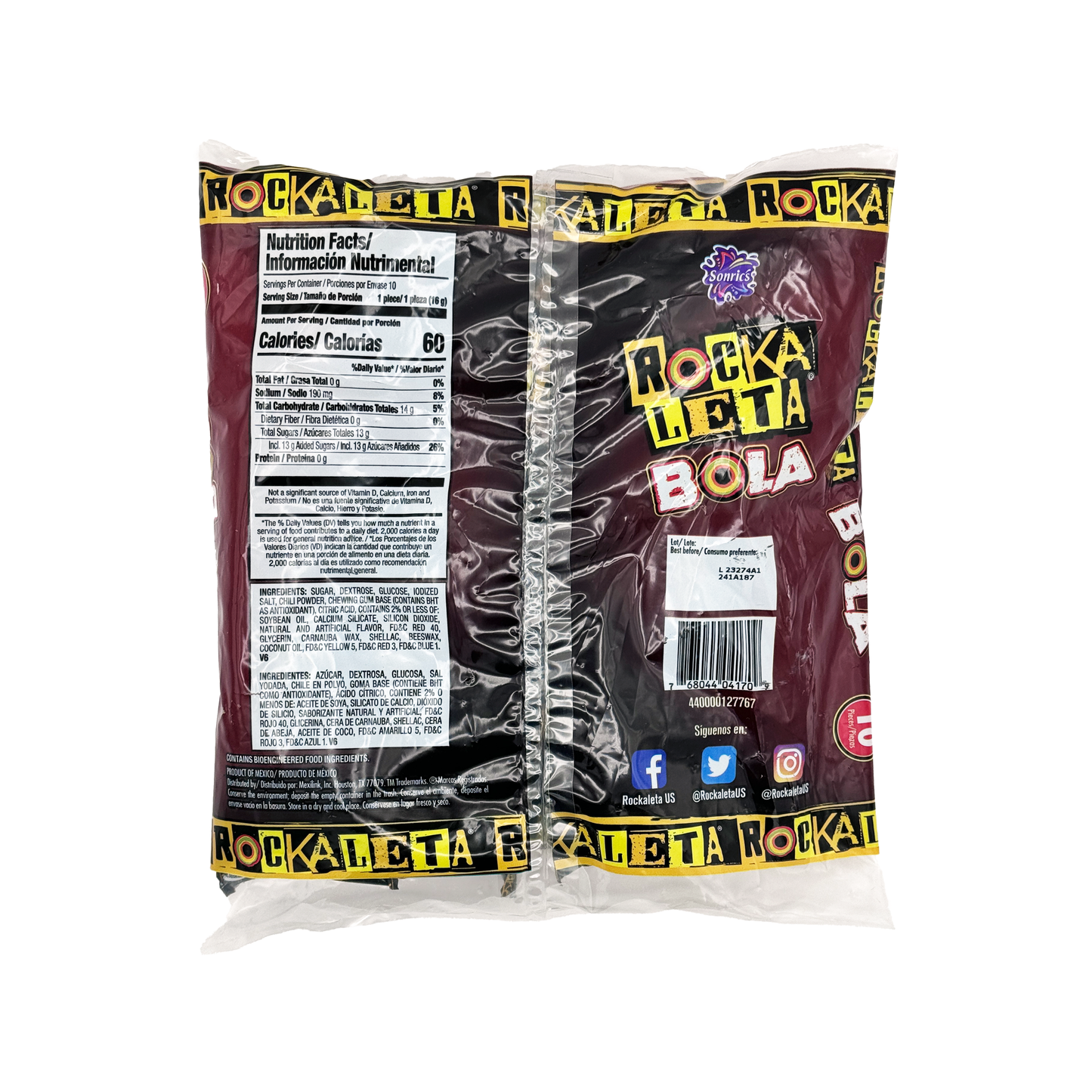 Rockaleta Bola with Bubble Gum Center, 10 Count Mexican Candy Dulces Mexicanos Spicy Tangy Sweet Snack Jawbreaker