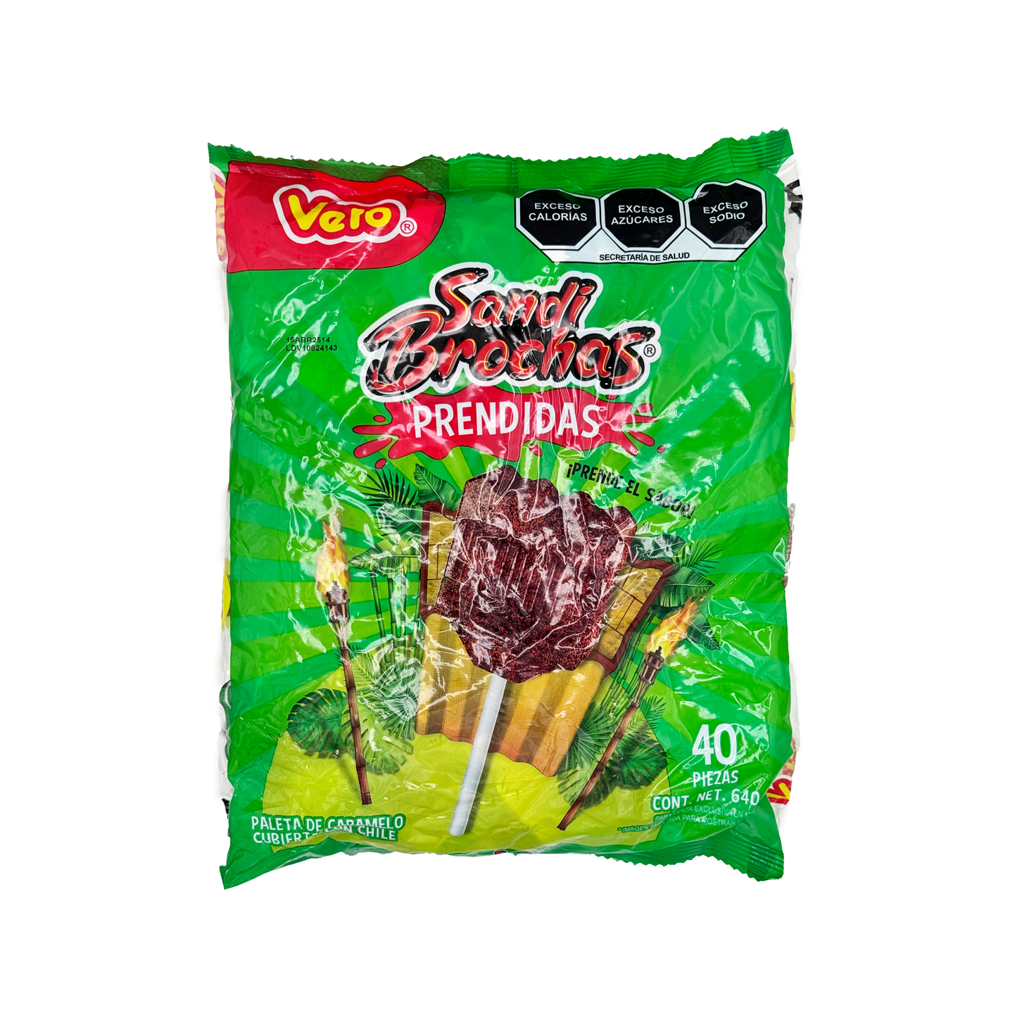 Vero Sandi Brochas Prendidas Spicy Watermelon Lollipop Sucker Treat Snack Mexican Candy, Artificially Flavored 40 Count Bag Dulces Mexicanos