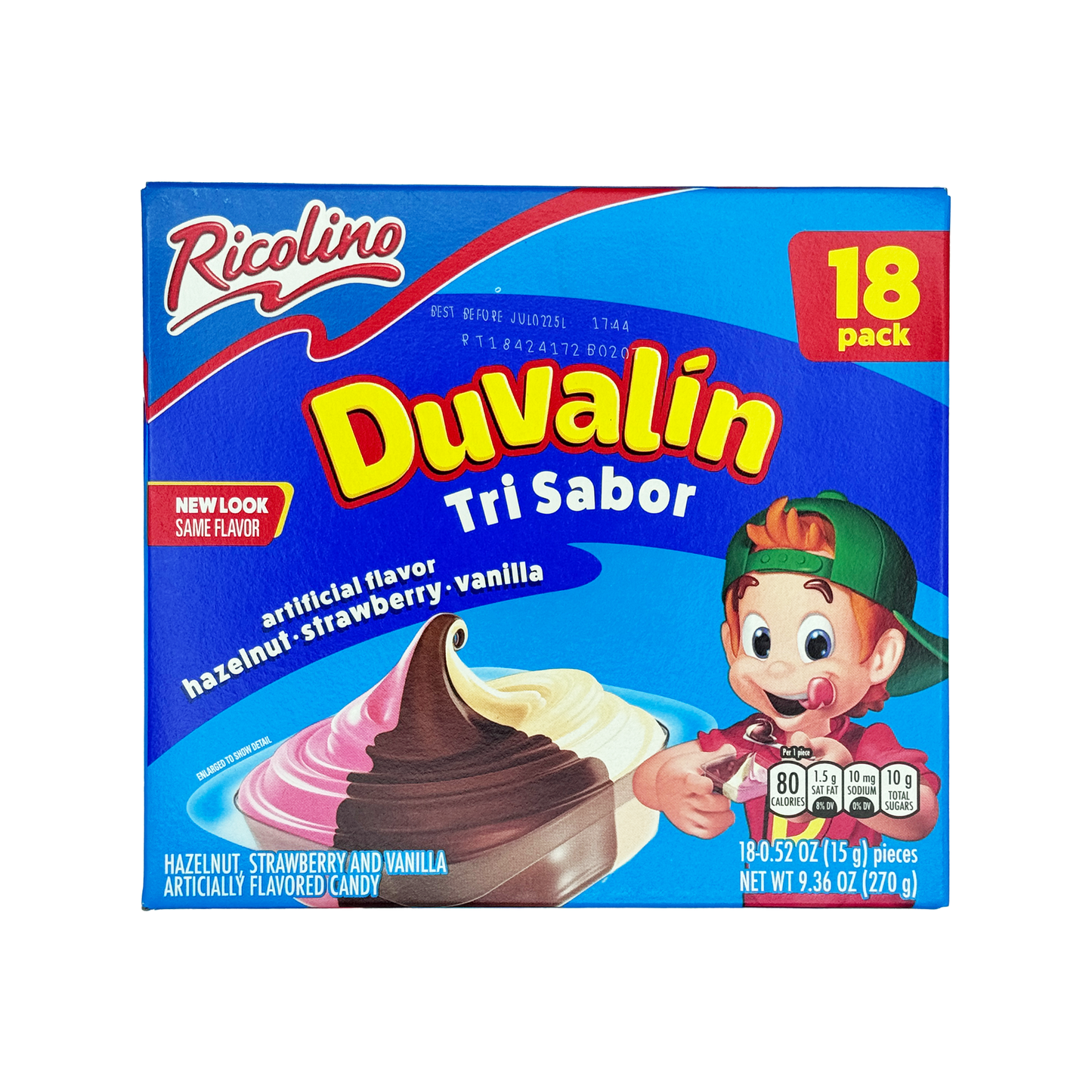 Ricolino Duvalin Tri Sabor Hazelnut, Strawberry, Vanilla Soft Candy, 18-Pack, Snack Mexican Candies Dulces Mexicanos Chocolate Sweet