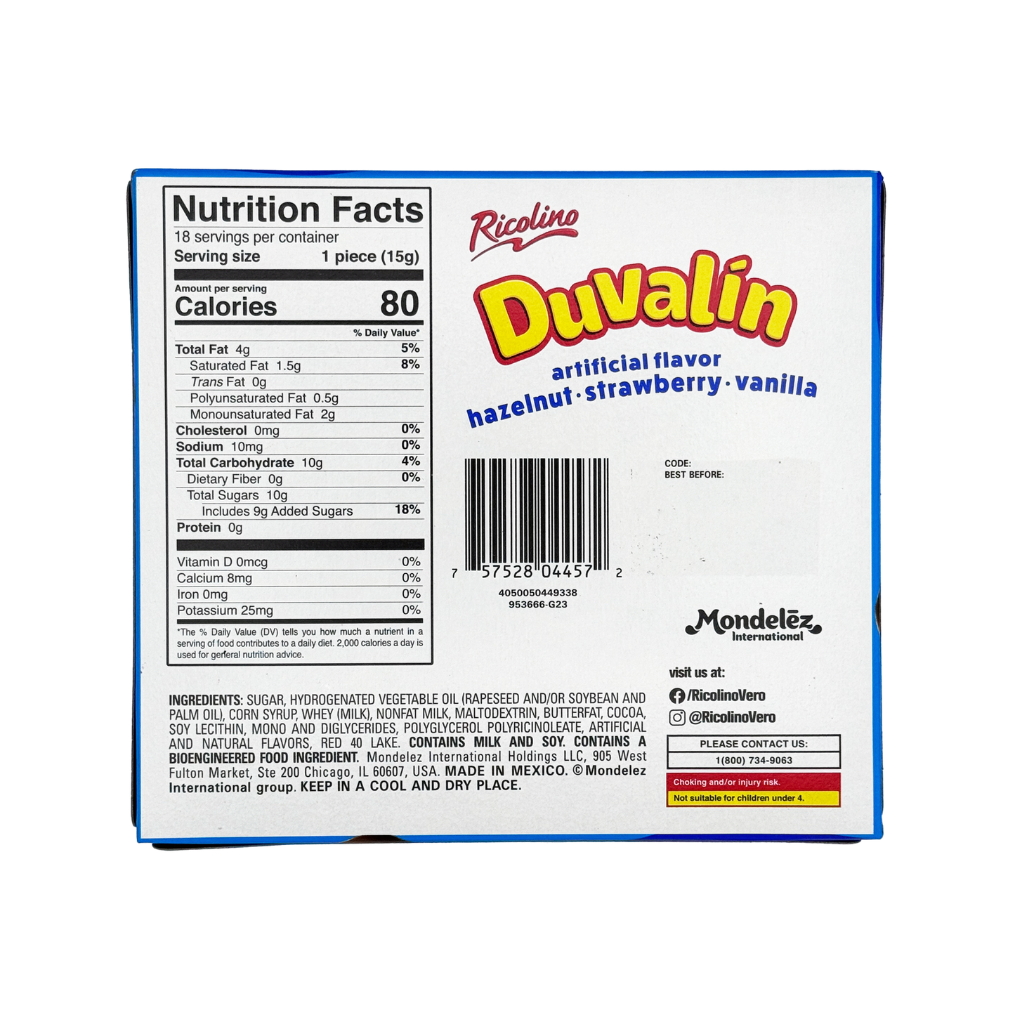 Ricolino Duvalin Tri Sabor Hazelnut, Strawberry, Vanilla Soft Candy, 18-Pack, Snack Mexican Candies Dulces Mexicanos Chocolate Sweet