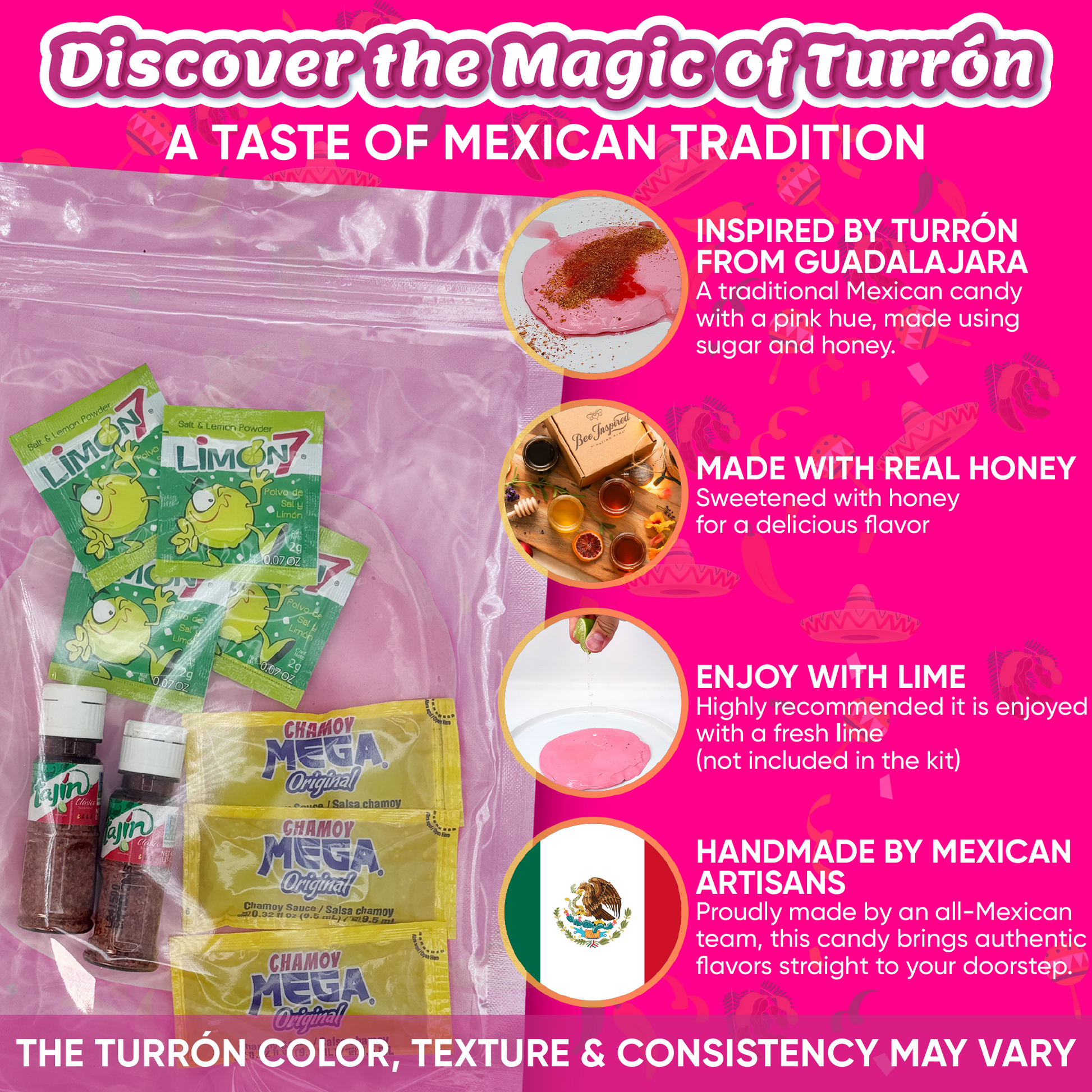 Turron Kit - Handmade Pink Turron Rosa with Tajin, Chamoy & Limon7 - Sabores De Mexico