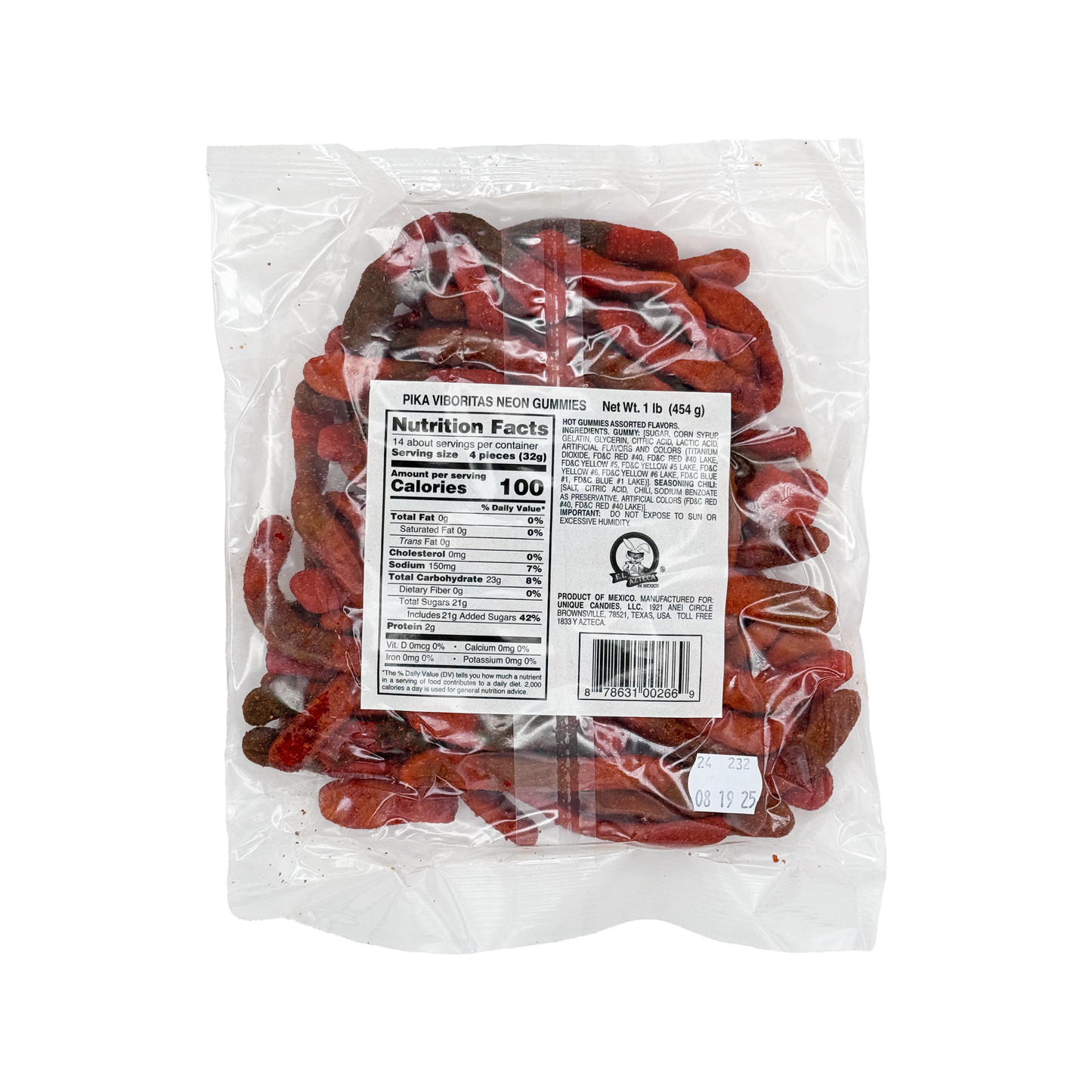 Azteca Pika Viboritas Spicy Gummy Worms, 1lb, Assorted Flavors with Chili, Chewy Gummies Sugar - Snack