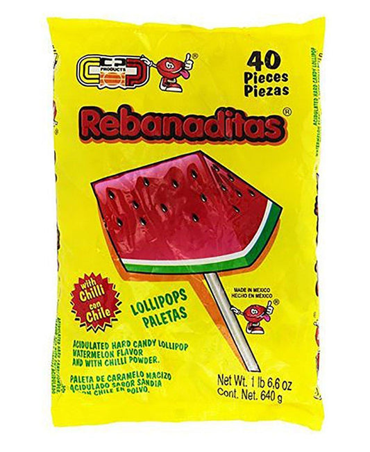 Rebanaditas Paletas Sabor Sandia Con Chile Mexican Hard Candy Chili Pops, 1.5 pounds, 40 Pc