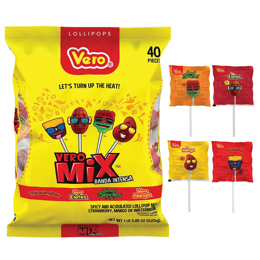 Vero Banda Fuego Mix by Dulces Vero  Assorted Chili Lollipops, 40 Count Bag