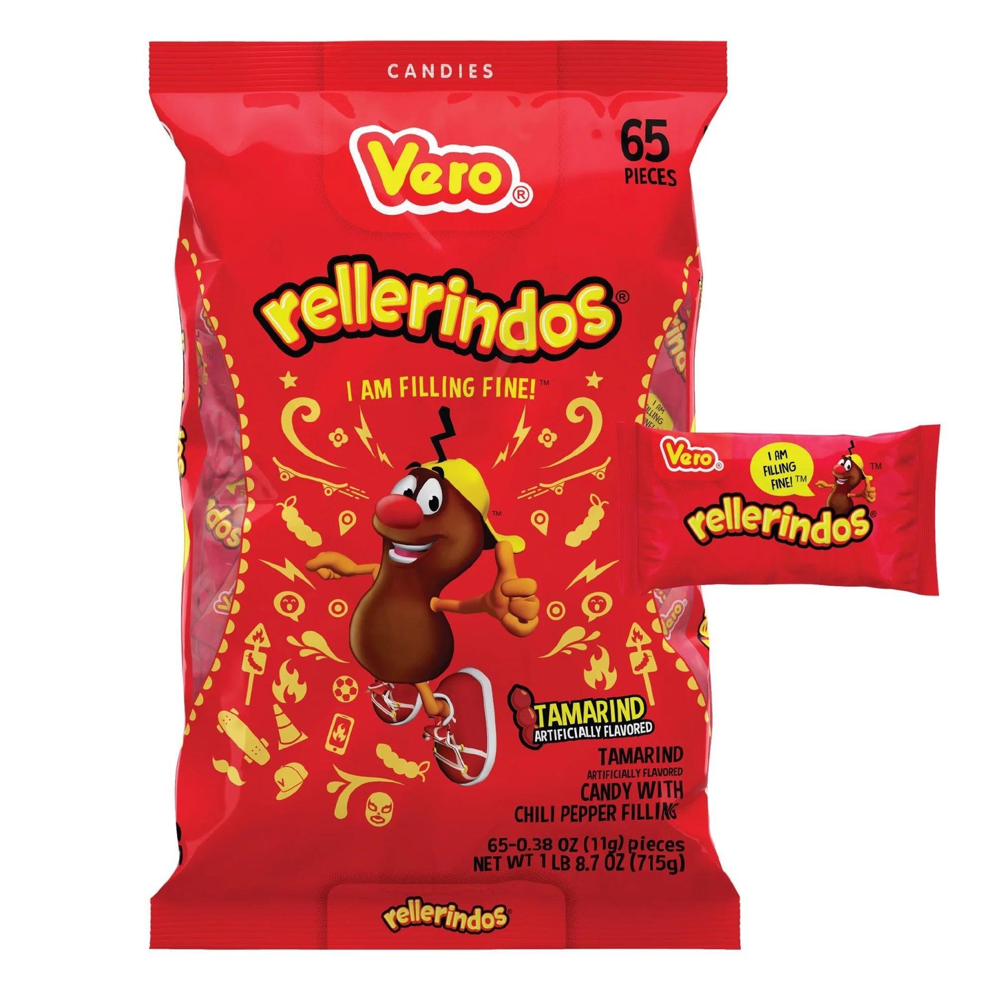 Rellerindos by Dulces Vero Tamarind Flavored Candy, Chili Pepper, 65 Count Bag