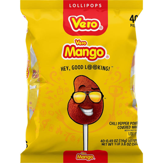 Vero Mango by Dulces Vero Lollipops Coated with Chili Powder, Hot and Sweet Candy Treat, 40 Count Bag