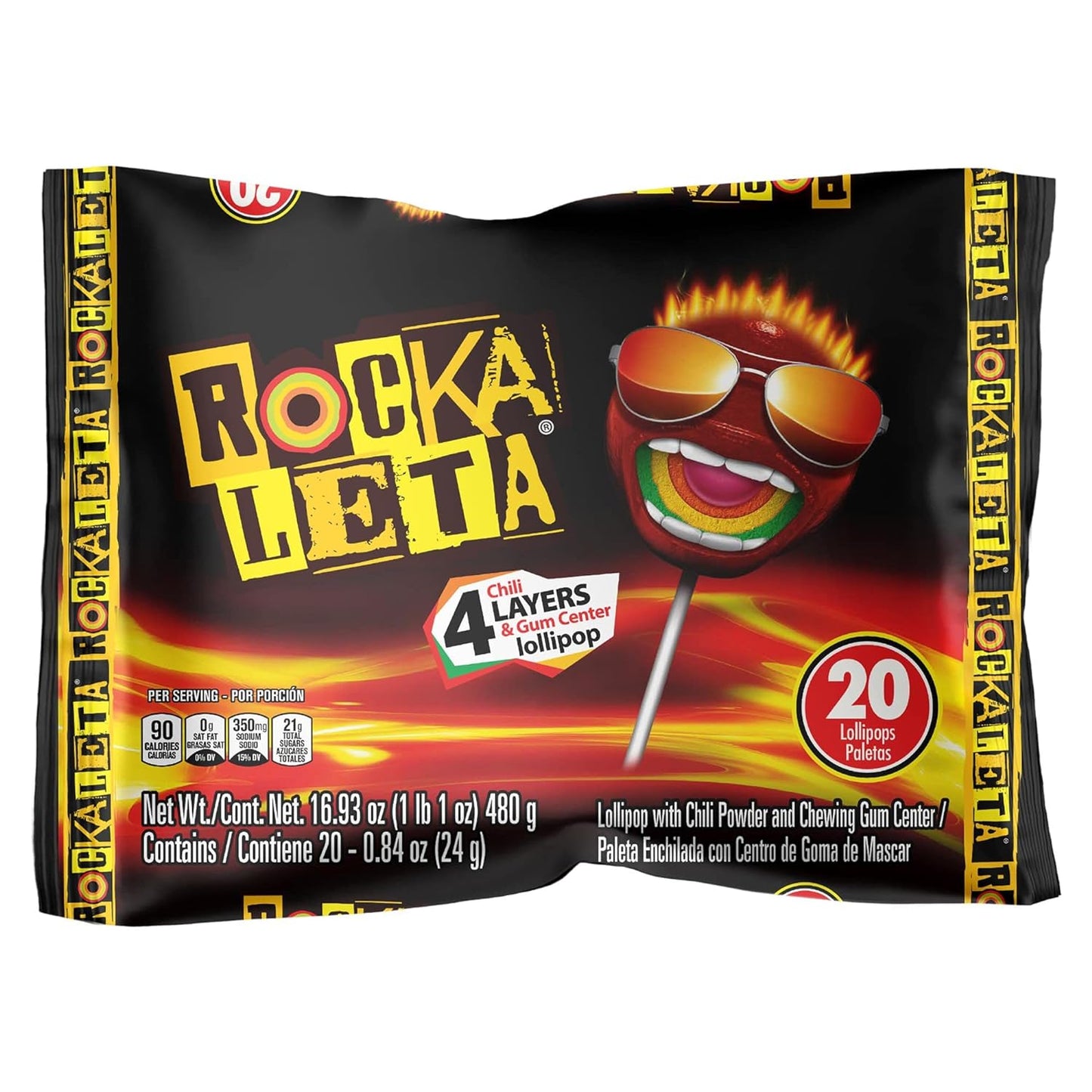 Sonric's Rockaleta Lollipops, Mexican Lollipop with Bubble Gum Center, 20 Count